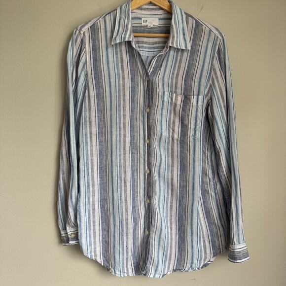 GAP Women's 100% Linen Top Size Small Striped Beachy Coastal Scandi Girl Blue - Picture 1 of 13